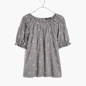 Madewell Embroidered Gingham Shirred Puff-Sleeve Top